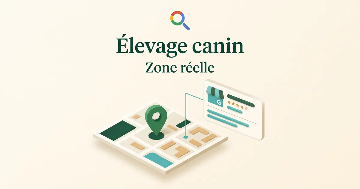 Carte locale isométrique reliée à une fiche Google d'élevage avec avis, sur fond ivoire.